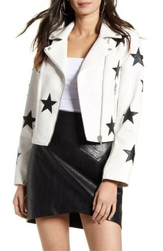 Premium Star Appliqué Original Leather Biker Jacket - White with Black Stars