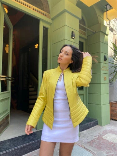 Women's Original Yellow Leather Premium Jacket - Premium Lambskin Bomber
