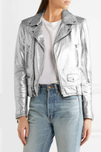Metallic Original Silver Leather Premium Biker Jacket