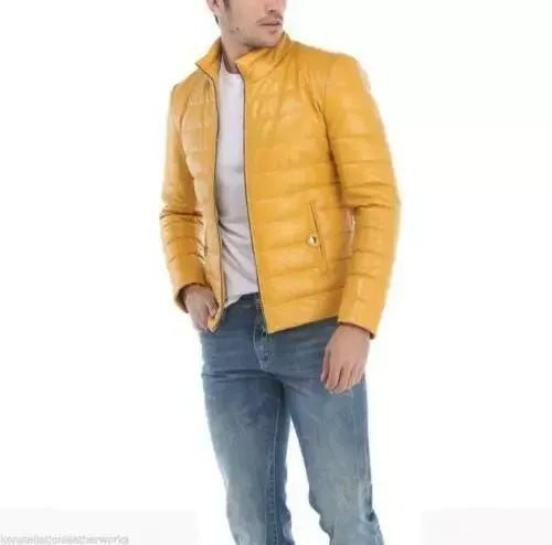 Men's Yellow Original Leather Jacket - Premium Quilted Racer Style