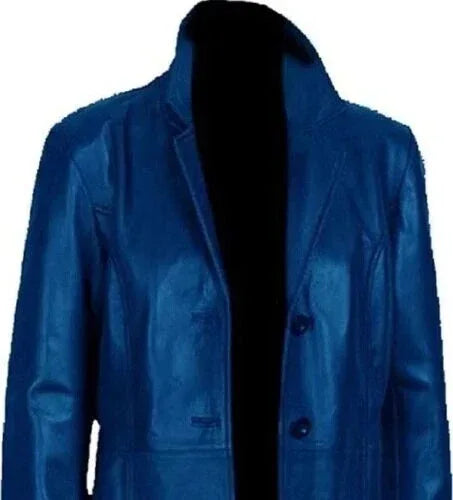 Men's Royal Blue Full-Grain Original Leather Trench Coat - Premium Long Leather Coat