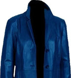 Men's Royal Blue Full-Grain Original Leather Trench Coat - Premium Long Leather Coat