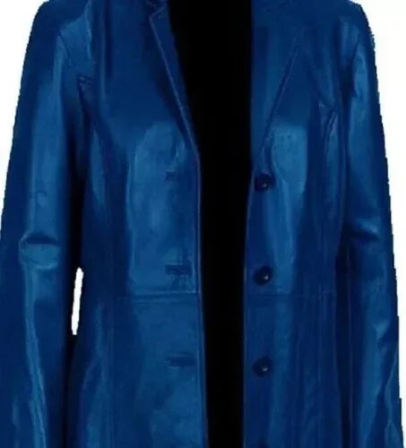 Men's Royal Blue Full-Grain Original Leather Trench Coat - Premium Long Leather Coat