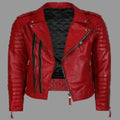 Men's Red Lambskin Original Premium Leather Biker Jacket with Ribbed Sleeves & Gold Hardware