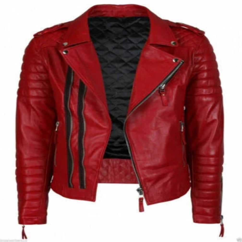 Men's Red Lambskin Original Premium Leather Biker Jacket with Ribbed Sleeves & Gold Hardware