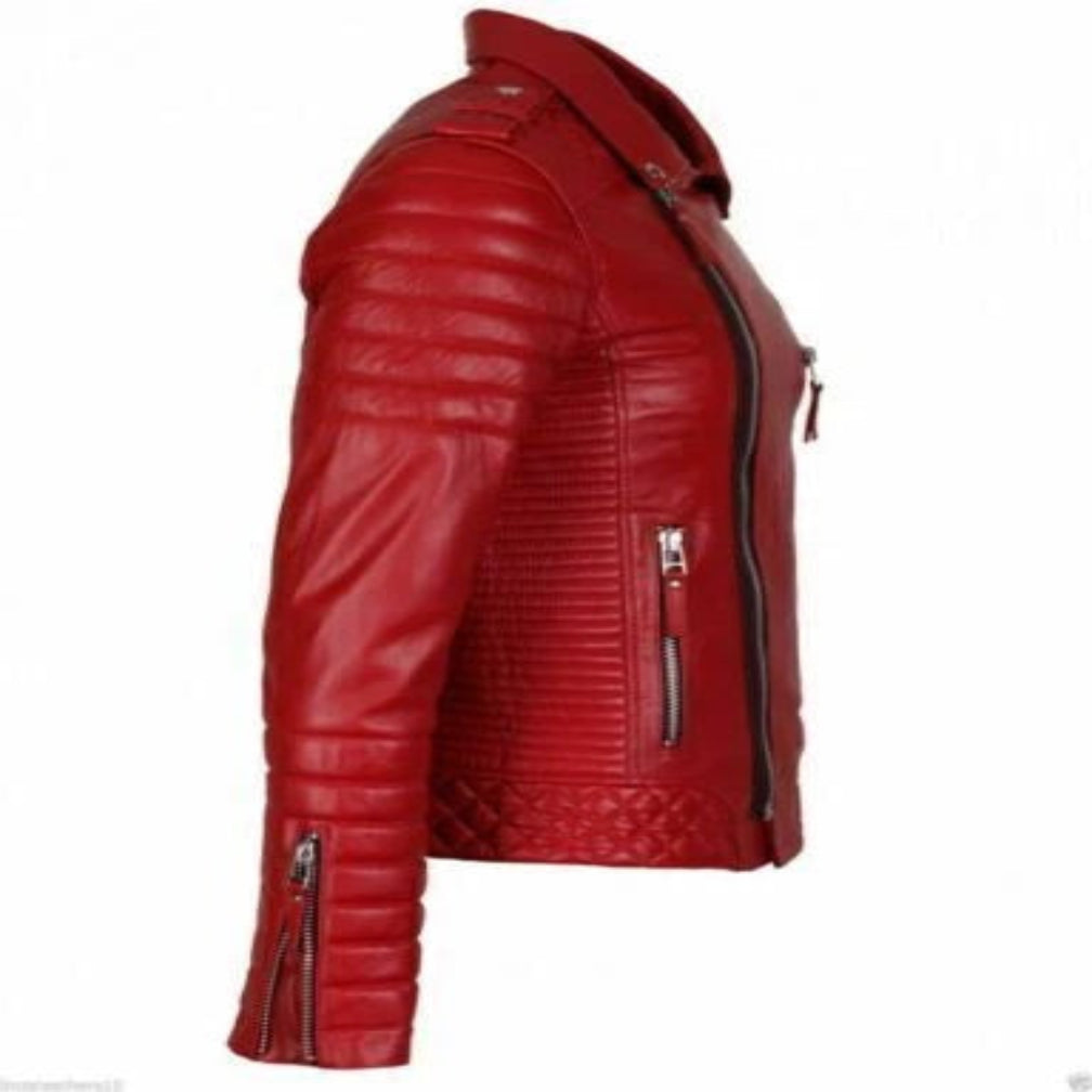 Men's Red Lambskin Original Premium Leather Biker Jacket with Ribbed Sleeves & Gold Hardware