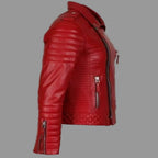 Men's Red Lambskin Original Premium Leather Biker Jacket with Ribbed Sleeves & Gold Hardware