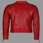 Men's Red Lambskin Original Premium Leather Biker Jacket with Ribbed Sleeves & Gold Hardware