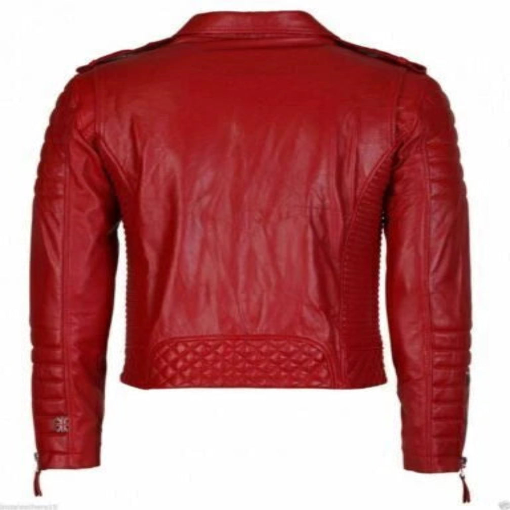 Men's Red Lambskin Original Premium Leather Biker Jacket with Ribbed Sleeves & Gold Hardware