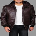 Men's Dark Brown Hooded Bomber Premium Original Leather Jacket
