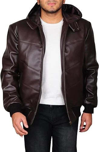 Men's Dark Brown Hooded Bomber Premium Original Leather Jacket