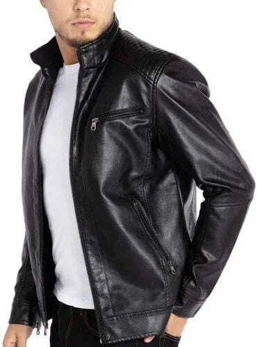 Men's Black Original Leather Moto Jacket with Quilted Shoulders - Premium Racer Biker