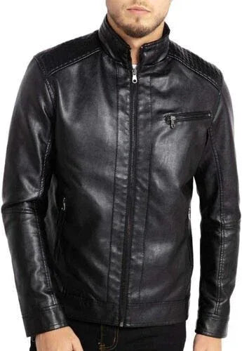 Men's Black Original Leather Moto Jacket with Quilted Shoulders - Premium Racer Biker