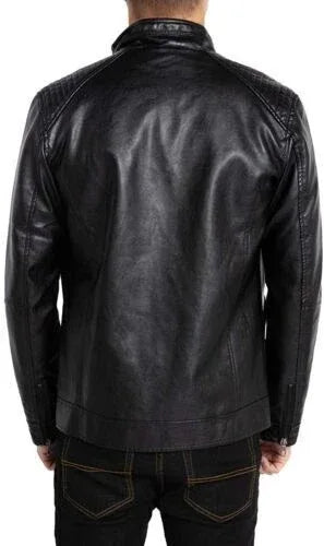 Men's Black Original Leather Moto Jacket with Quilted Shoulders - Premium Racer Biker