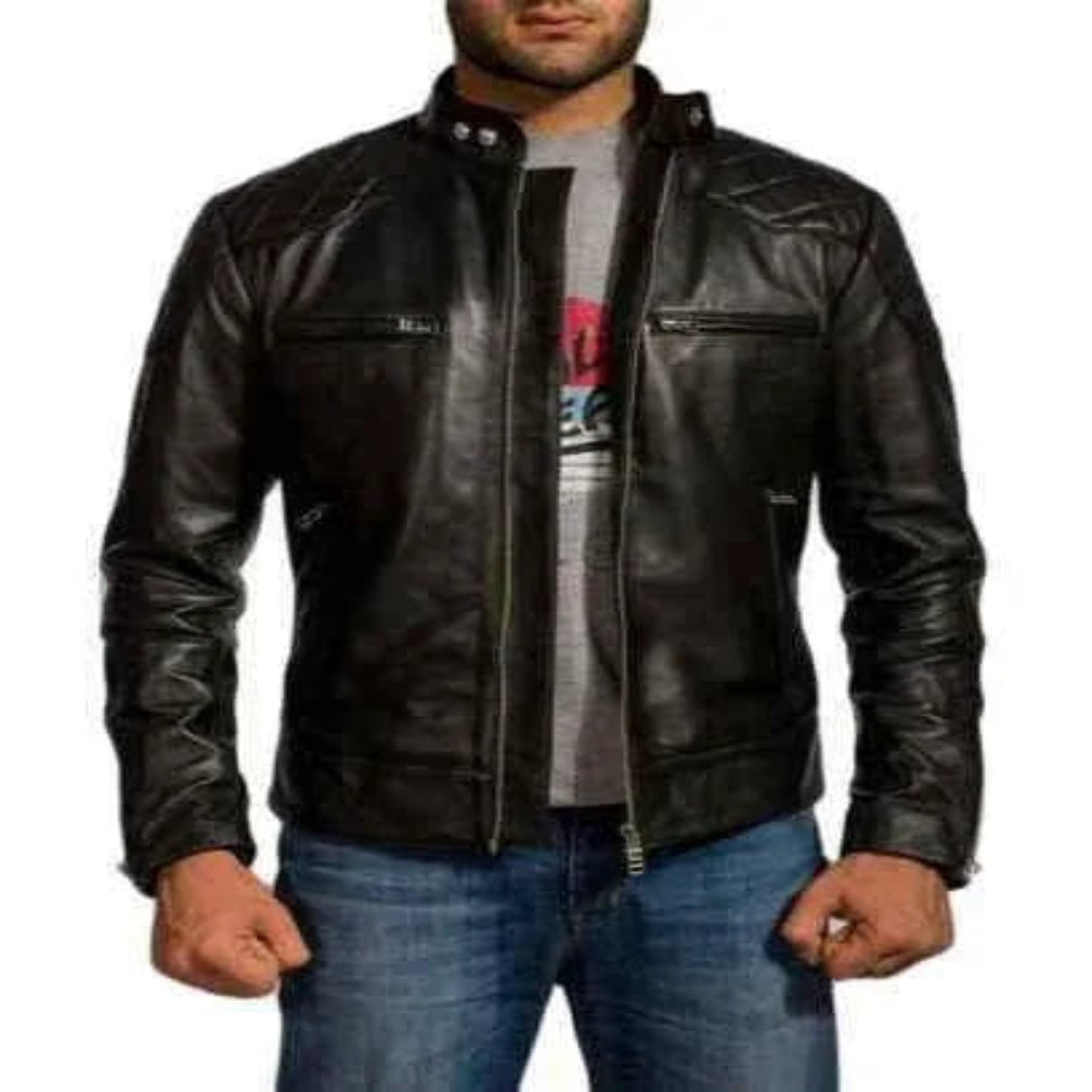 Original Men's Black Leather Biker Jacket with Quilted Shoulders - Premium Moto Racer
