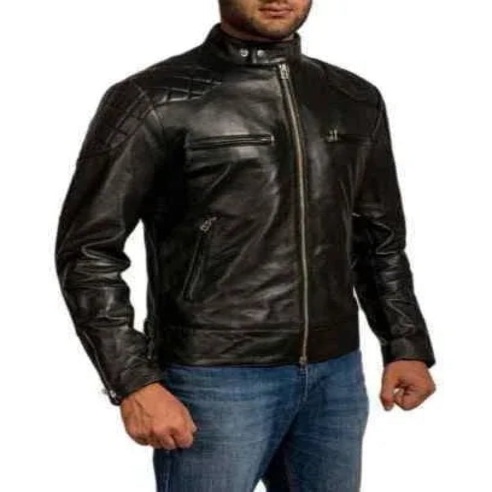 Original Men's Black Leather Biker Jacket with Quilted Shoulders - Premium Moto Racer