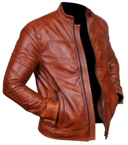 Men's Tan Brown Leather Racer Jacket - Premium Full-Grain Café Racer