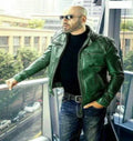 Men's Green Leather Biker Jacket with Quilted Shoulders - Premium Moto Racer