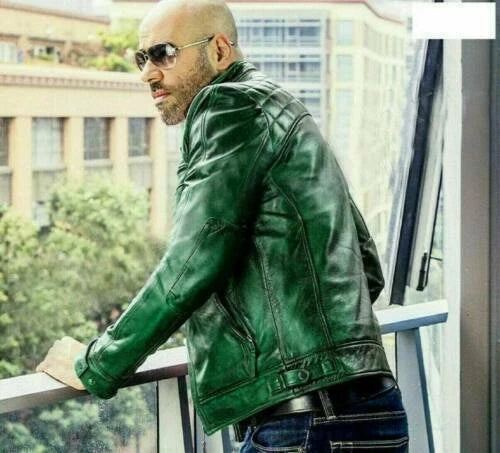 Men's Green Leather Biker Jacket with Quilted Shoulders - Premium Moto Racer