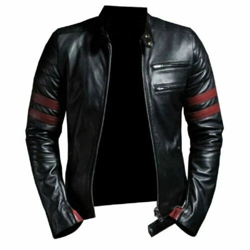 Men's Black Original Leather Jacket with Red Stripes - Premium Full-Grain Biker Jacket