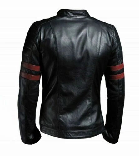 Men's Black Original Leather Jacket with Red Stripes - Premium Full-Grain Biker Jacket