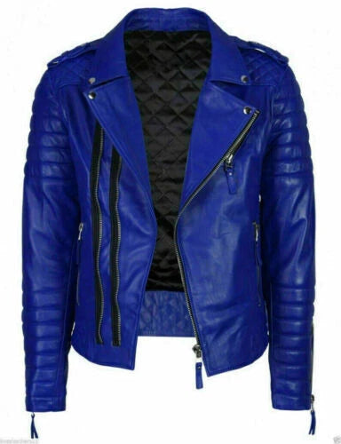 Men's Blue Leather Jacket - Premium Quilted Biker Jacket with Asymmetric Zipper