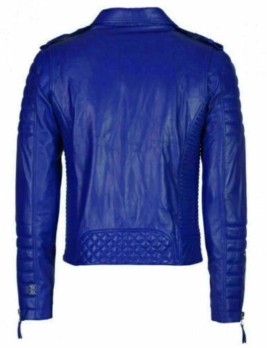 Men's Blue Leather Jacket - Premium Quilted Biker Jacket with Asymmetric Zipper