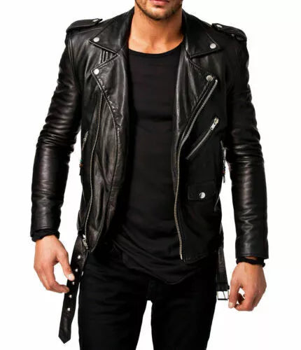 Men's Black Leather Biker Jacket - Premium Full-Grain Asymmetric Moto with Epaulettes