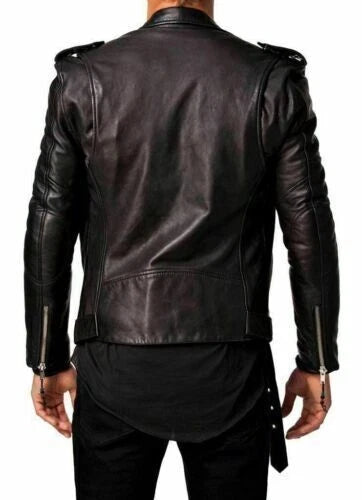 Men's Black Leather Biker Jacket - Premium Full-Grain Asymmetric Moto with Epaulettes