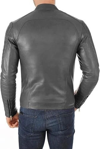 Men's Grey Leather Racer Jacket - Premium Full-Grain Quilted Moto Jacket
