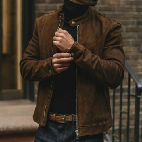 Men Original Brown Suede Bomber Jacket - Handcrafted Full-Grain Leather Classic Fit