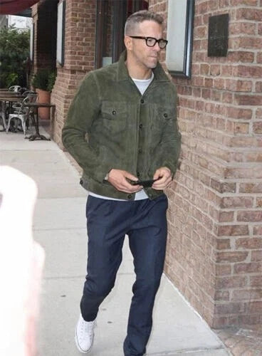 Original Men Olive Green Suede Military Trucker Jacket - Handcrafted Full-Grain Premium Leather