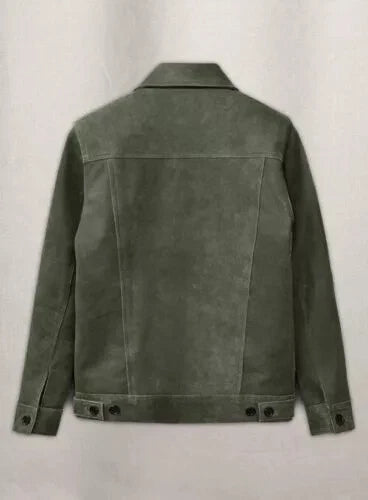 Original Men Olive Green Suede Military Trucker Jacket - Handcrafted Full-Grain Premium Leather