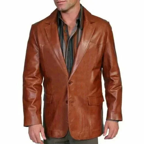 Men's Premium Tan Cognac Original Leather Blazer - Handcrafted Full-Grain Formal Jacket