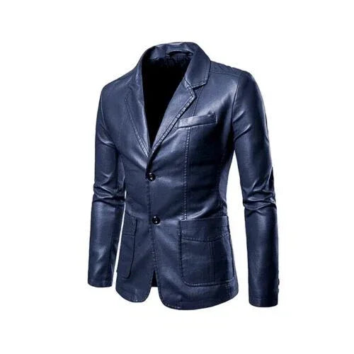 Men's Premium Navy Blue Original Leather Blazer - Handcrafted Full-Grain Formal Jacket
