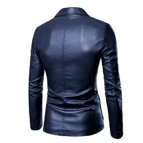 Men's Premium Navy Blue Original Leather Blazer - Handcrafted Full-Grain Formal Jacket