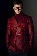 Red Original Leather Blazer for Men - Double Breasted Full Grain Leather Jacket