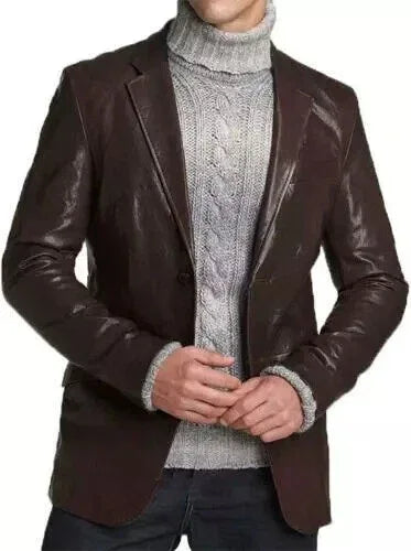 Dark Brown Leather Blazer for Men - Premium Full Grain Leather Jacket