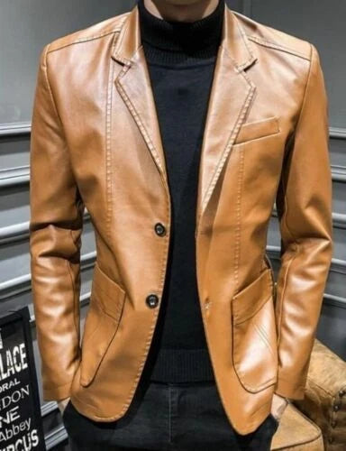 Tan Leather Blazer Men - Contrast Stitch Full Grain Leather Jacket