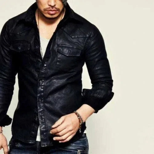 Casual Black Leather Shirt for Men | Premium Full-Grain Fitted Shirt with Pockets