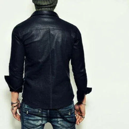 Casual Black Leather Shirt for Men | Premium Full-Grain Fitted Shirt with Pockets