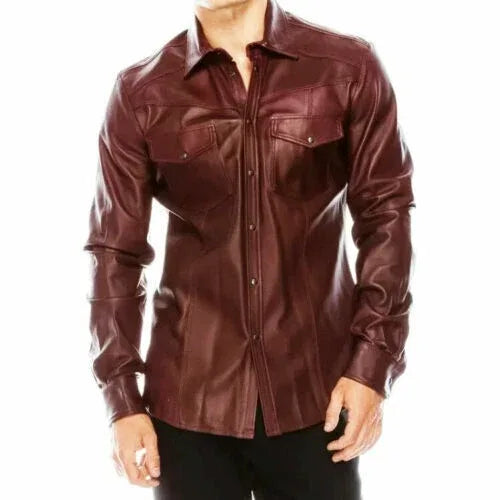 Burgundy Leather Shirt for Men | Premium Full-Grain Brown Dress Shirt