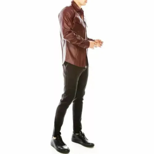 Burgundy Leather Shirt for Men | Premium Full-Grain Brown Dress Shirt