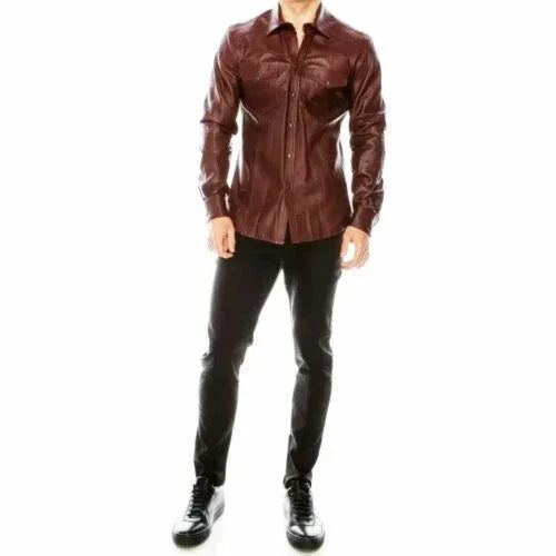 Burgundy Leather Shirt for Men | Premium Full-Grain Brown Dress Shirt