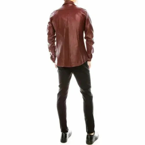 Burgundy Leather Shirt for Men | Premium Full-Grain Brown Dress Shirt