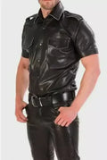 Police Style Black Leather Short-Sleeve Shirt for Men | Premium Full-Grain Uniform Shirt