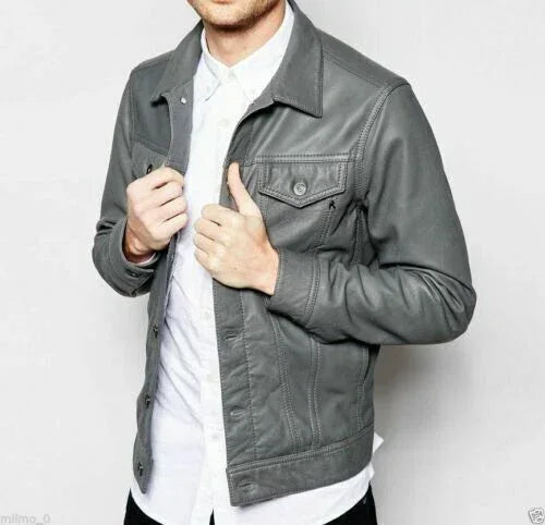 Grey Leather Trucker Jacket for Men | Premium Full-Grain Denim-Style Jacket