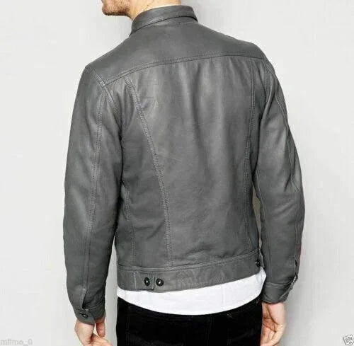 Grey Leather Trucker Jacket for Men | Premium Full-Grain Denim-Style Jacket