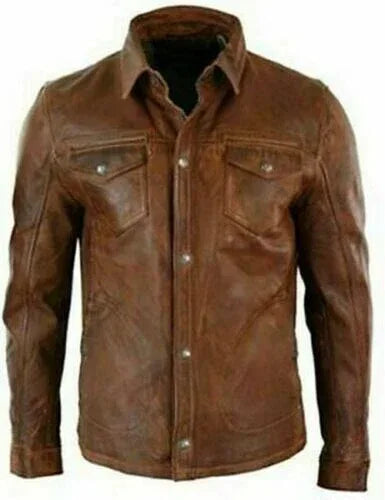 Brown Original Leather Shirt Jacket - Premium Full-Grain Leather Overshirt for Men
