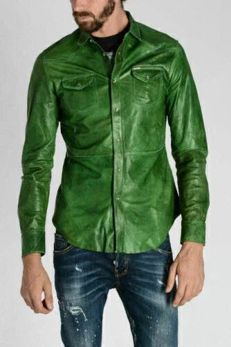 Green Leather Shirt - Premium Full-Grain Leather Shirt for Men